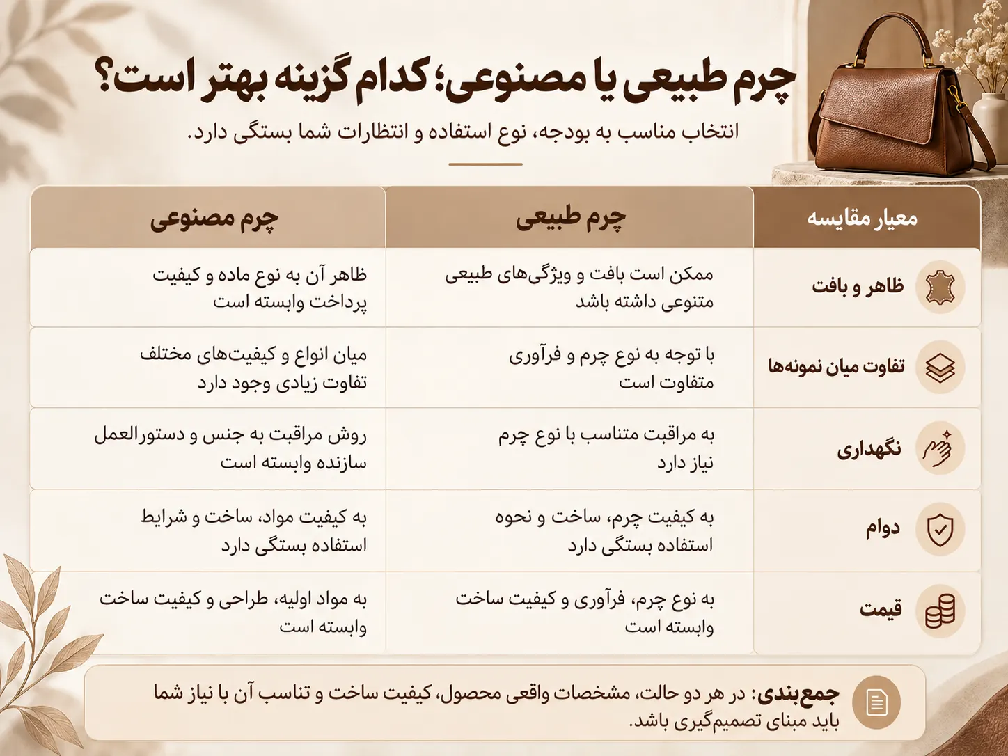 مقایسه چرم طبیعی و مصنوعی از نظر ظاهر، نگهداری، دوام و قیمت