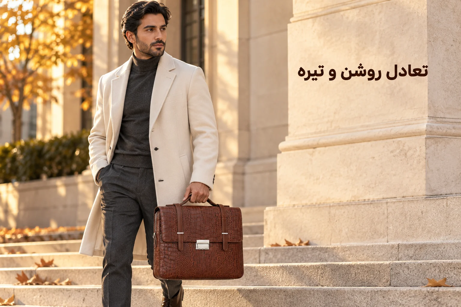 کیف چرمی قهوه‌ای دیپلمات با بافت کروکو و قفل فلزی، همراه پالتوی کرم و شلوار زغالی
