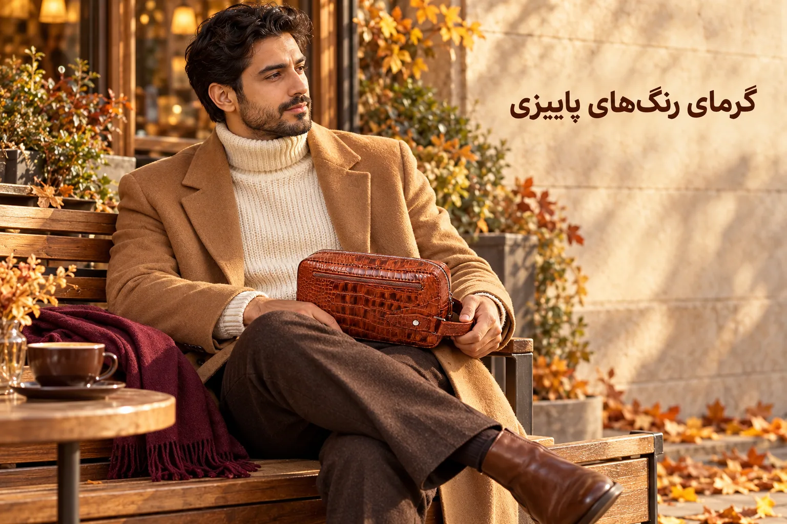 کیف دستی چرمی قهوه‌ای شوزبگ همراه بافت کرم، پالتوی شتری و شلوار قهوه‌ای