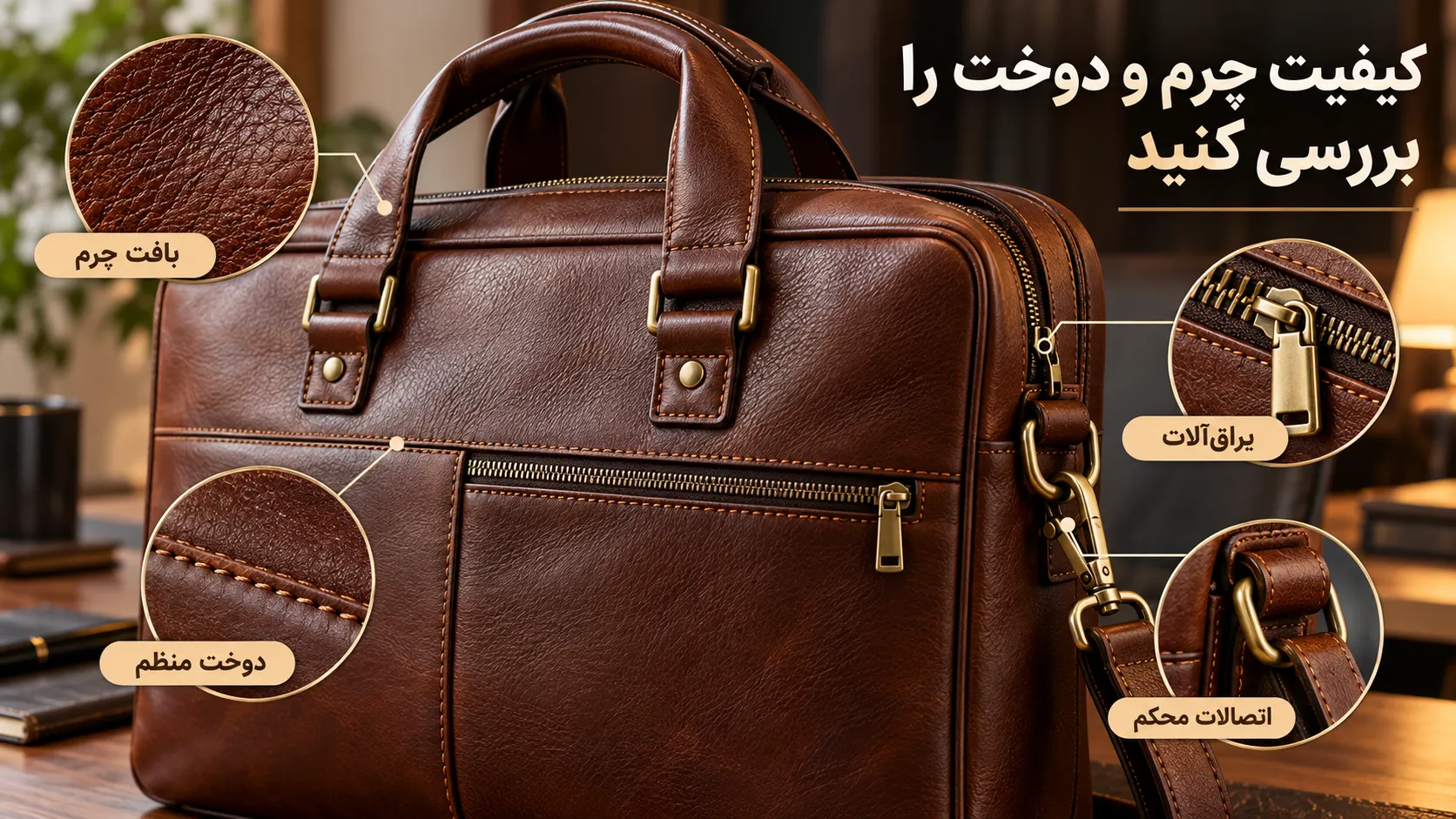بررسی کیفیت چرم، دوخت، یراق آلات و اتصالات کیف اداری مردانه