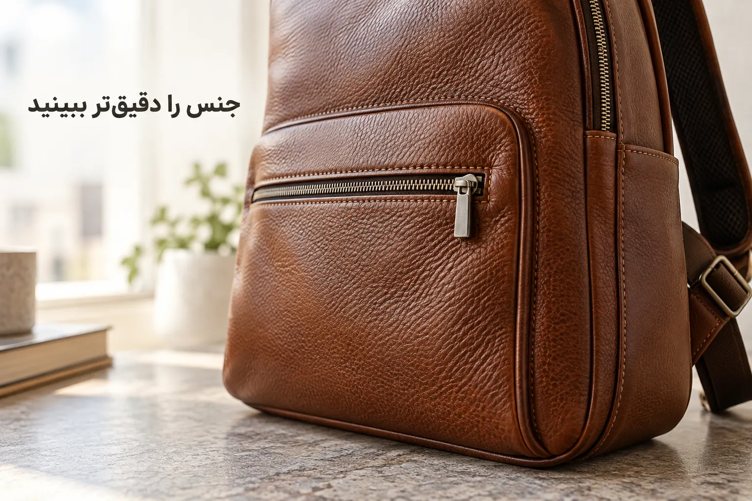 نمای نزدیک بافت چرم قهوه‌ای، جیب زیپ‌دار و دوخت لبه کوله پشتی