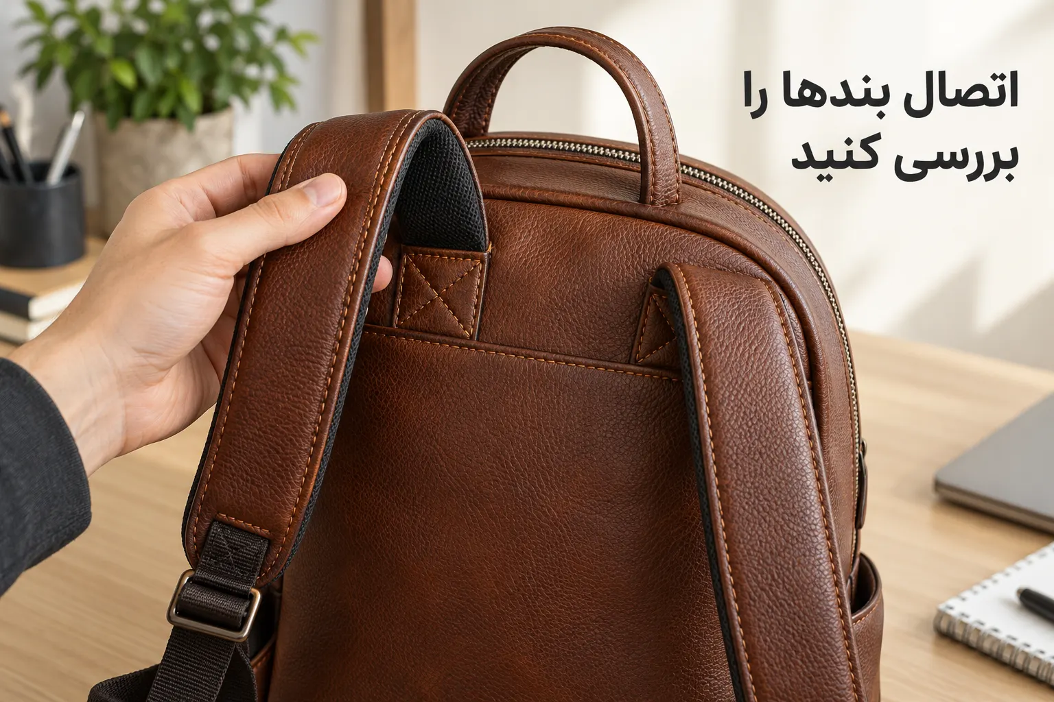 نمای نزدیک دوخت تقویتی اتصال بند پهن کوله چرمی و پوشش نرم پشت بند