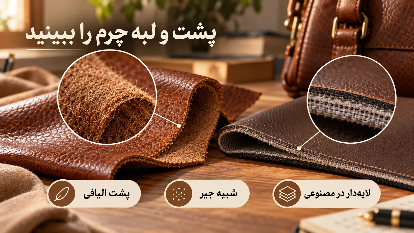 مقایسه پشت و لبه چرم طبیعی و مصنوعی برای تشخیص جنس