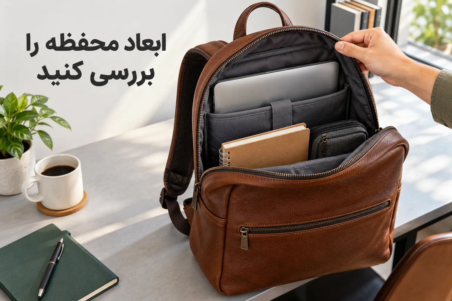 لپ‌تاپ در محفظه پددار کوله چرمی قهوه‌ای، همراه دفتر و کیف کوچک لوازم جانبی