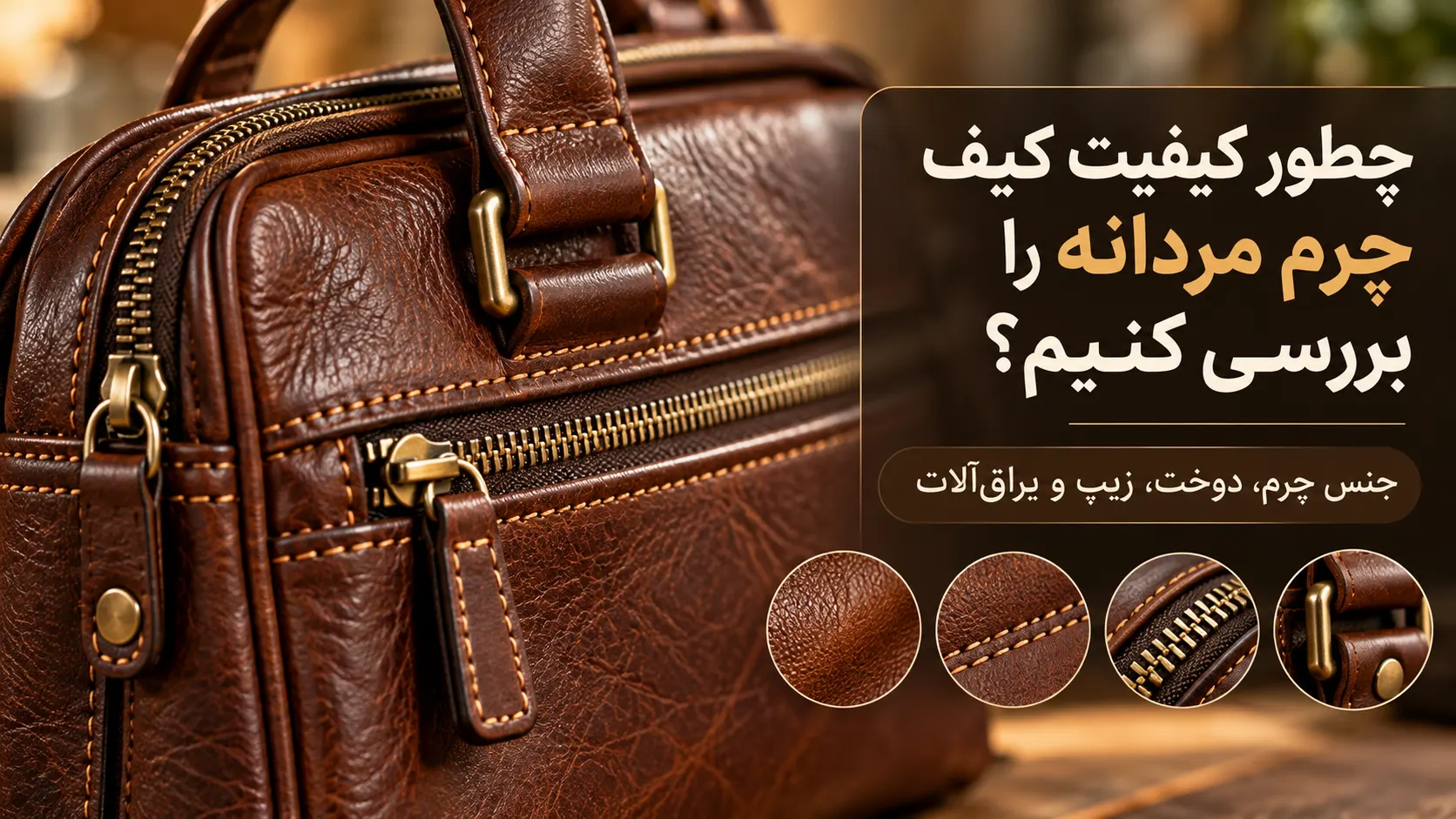 بررسی کیفیت کیف چرم مردانه از نظر جنس چرم، دوخت، زیپ و یراق‌آلات