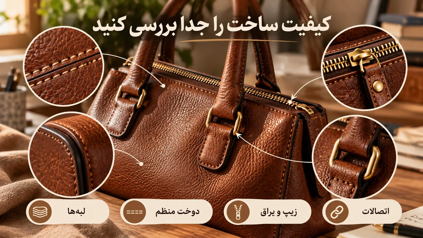 بررسی کیفیت دوخت، زیپ، یراق آلات، لبه و اتصالات محصول چرمی
