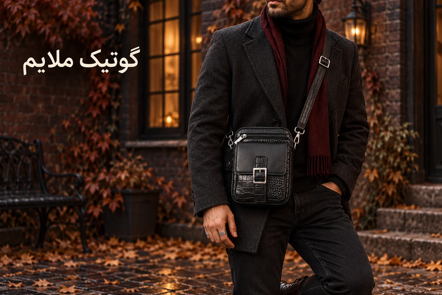 کیف کراس‌بادی مشکی هیراد با جزئیات فلزی روی کت زغالی و لباس مشکی، همراه شال زرشکی