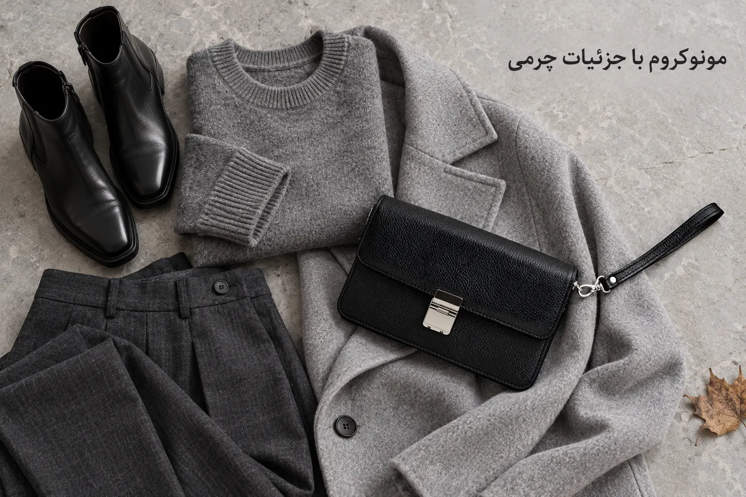 کیف پاسپورتی چرمی مشکی قفل‌دار روی پالتوی خاکستری، کنار بافت طوسی، شلوار زغالی و نیم‌بوت مشکی
