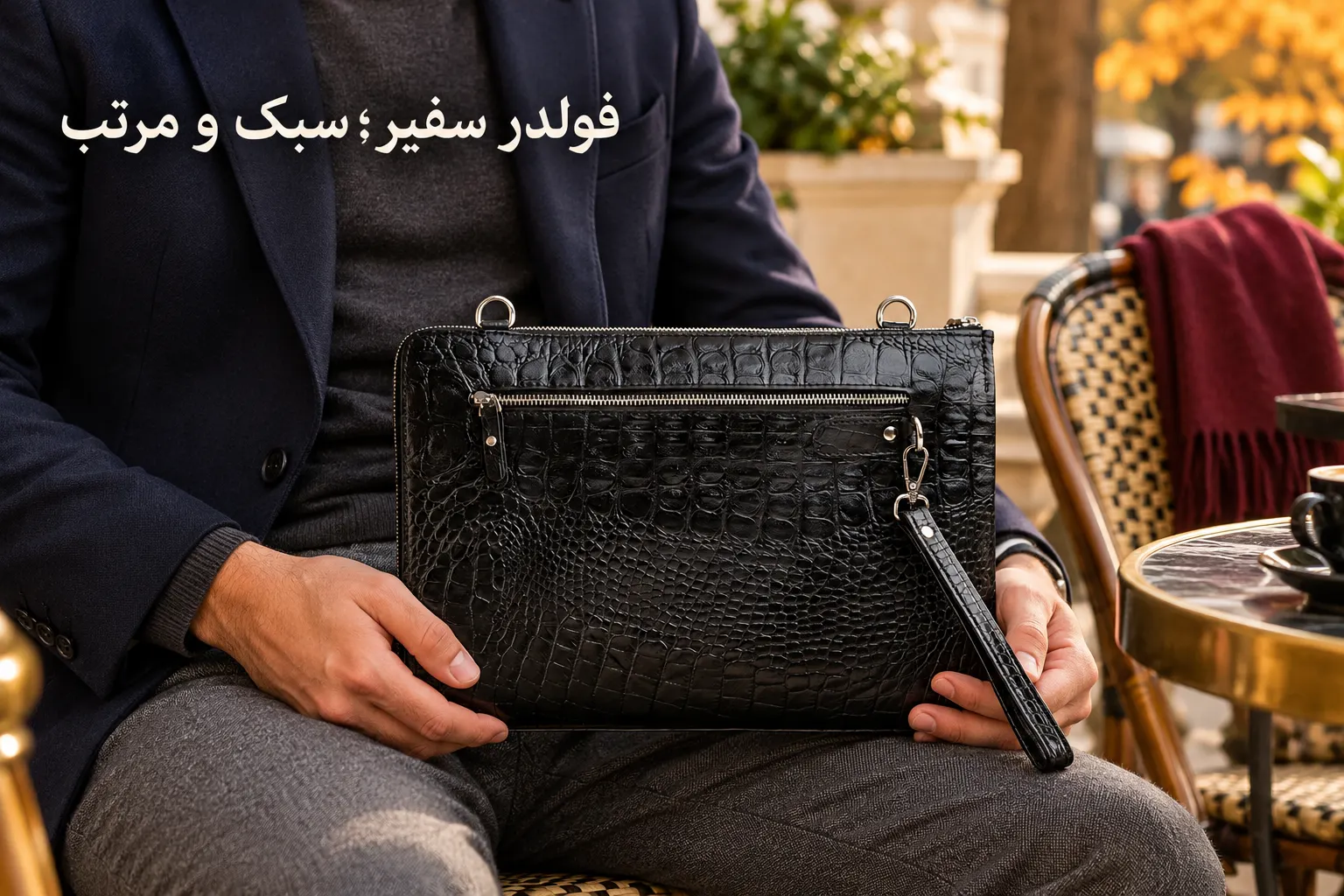 نمای نزدیک فولدر چرمی مشکی سفیر با بافت کروکو، جیب زیپ‌دار و بند مچی روی شلوار خاکستری