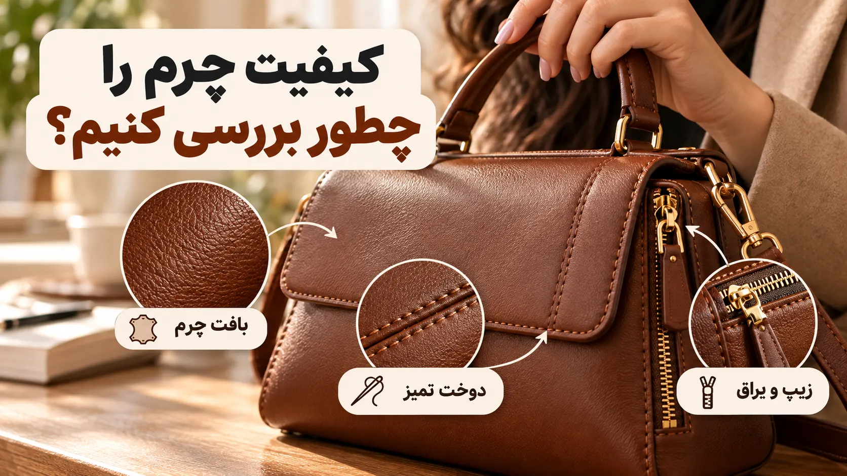 بررسی بافت چرم، کیفیت دوخت، زیپ و یراق کیف زنانه