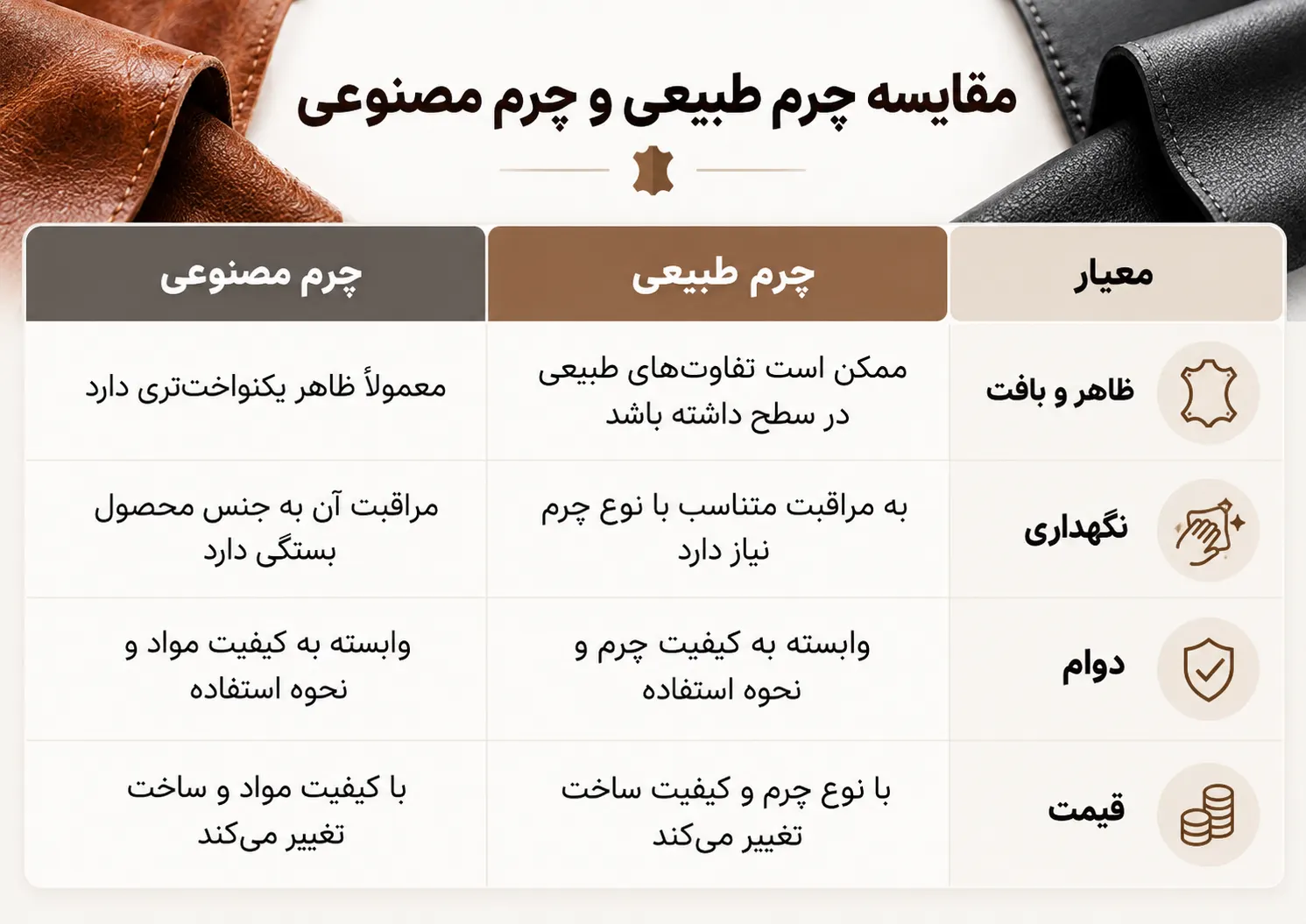 قایسه چرم طبیعی و چرم مصنوعی از نظر ظاهر، نگهداری، دوام و قیمت