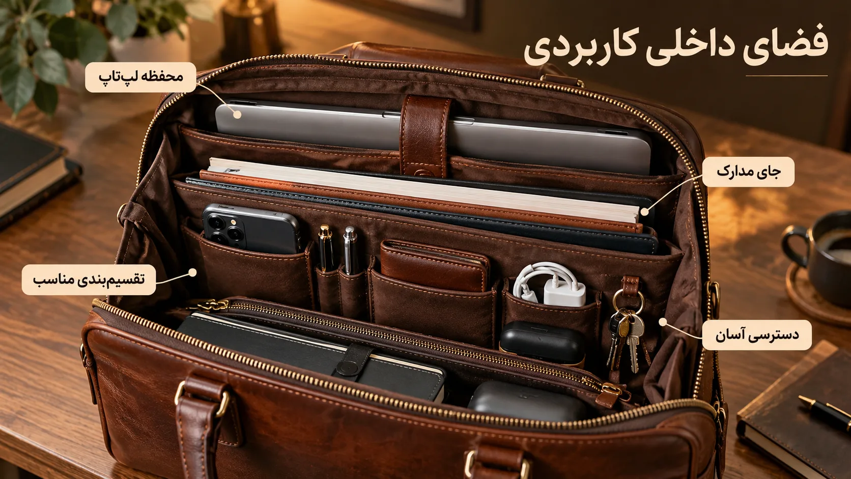 فضای داخلی و تقسیم بندی کیف اداری مردانه برای لپ تاپ، مدارک و وسایل کاری