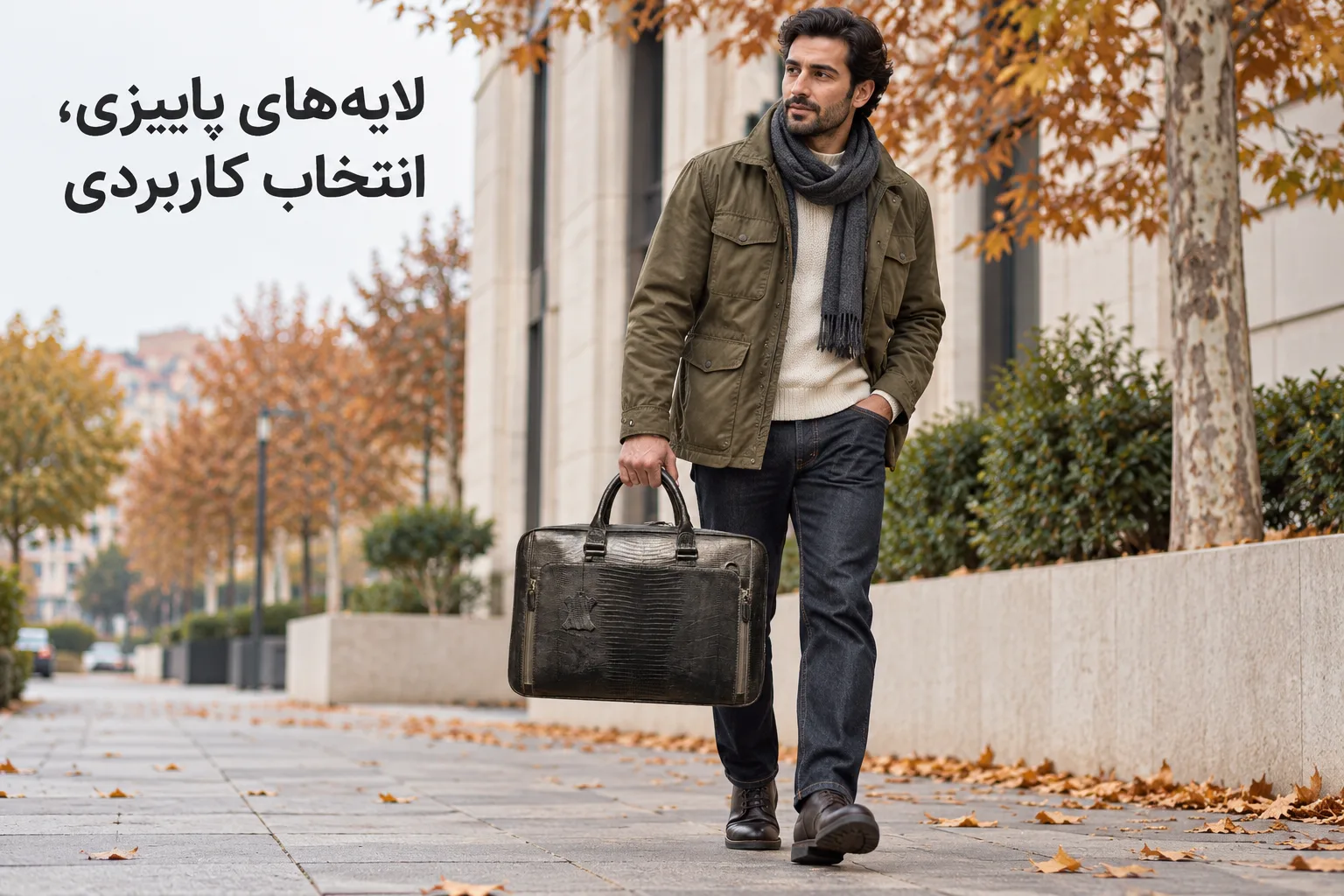 کیف اداری چرمی هامون همراه کت کوتاه زیتونی، بافت کرم و شلوار جین تیره در خیابان پاییزی